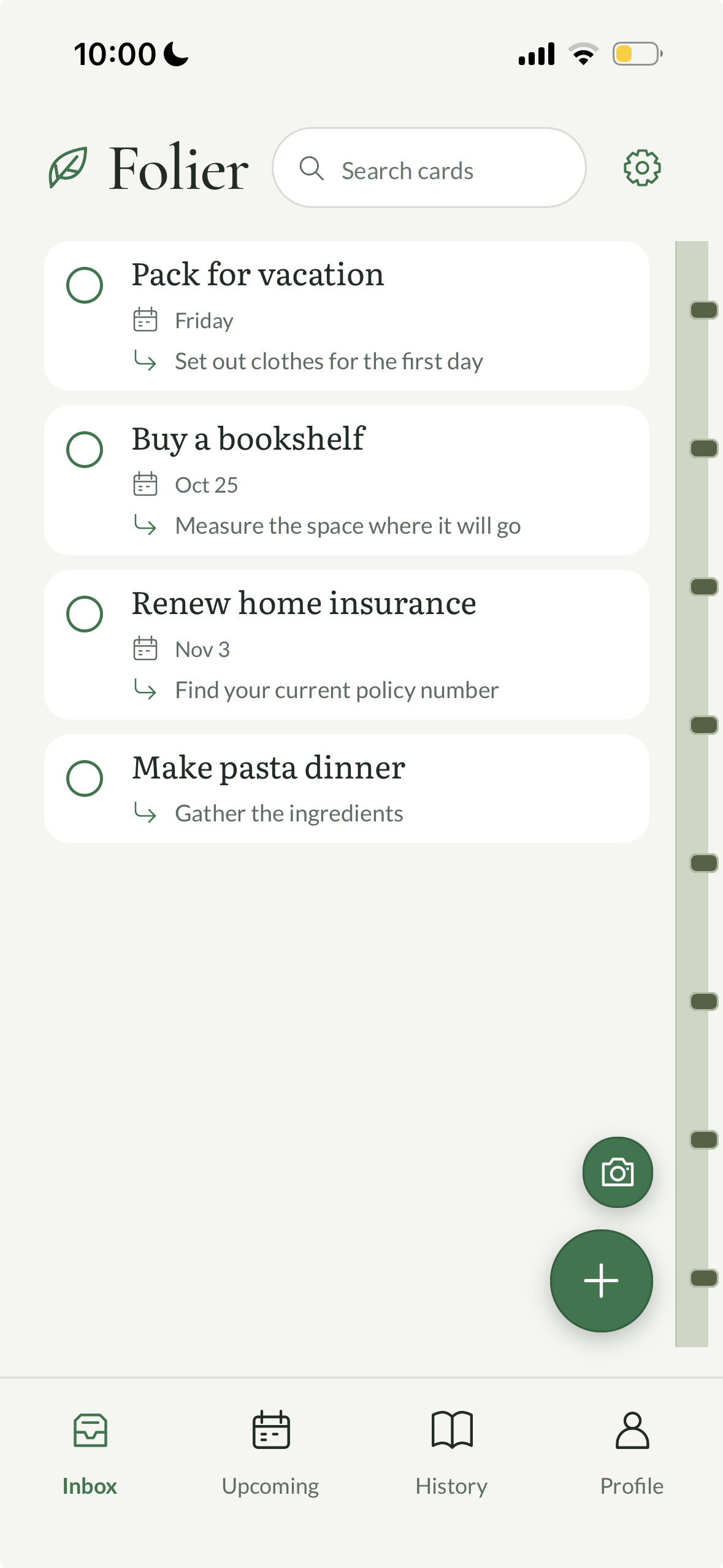 The Folier app showing sample cards, each with a Next step.